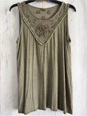 Women's POL Olive Green Embroidered Tank Top with Pearls, Size S